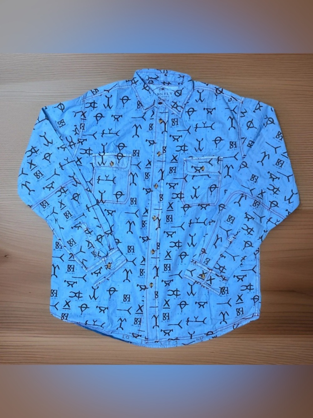 Barn Fly Trading Western Branding Irons Blue Back Snap Collar Button Shirt XL